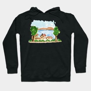 Little Town Watercolor Painting Hoodie